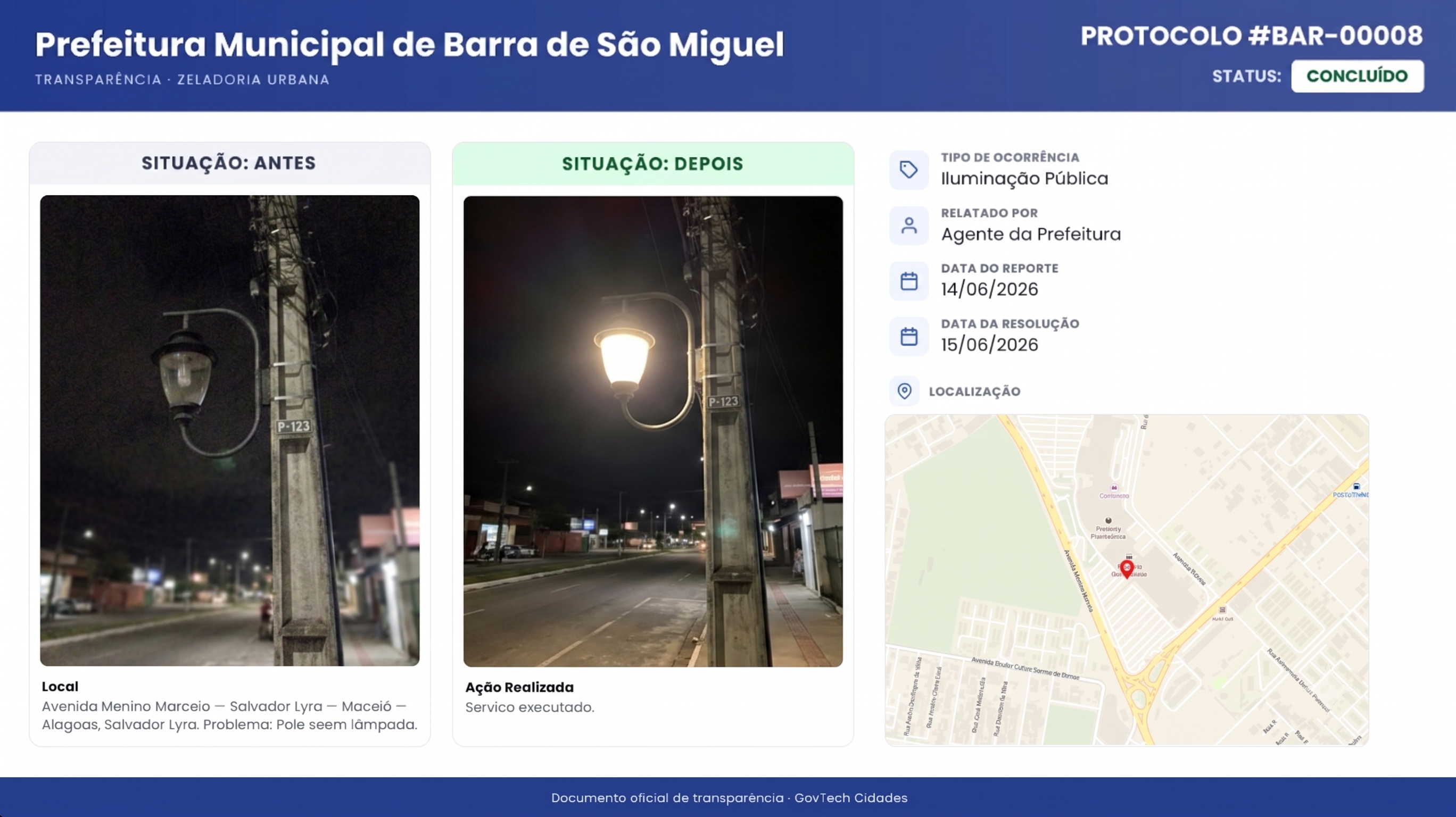 Card oficial de transparência da prefeitura com fotos antes e depois, dados e localização da ocorrência